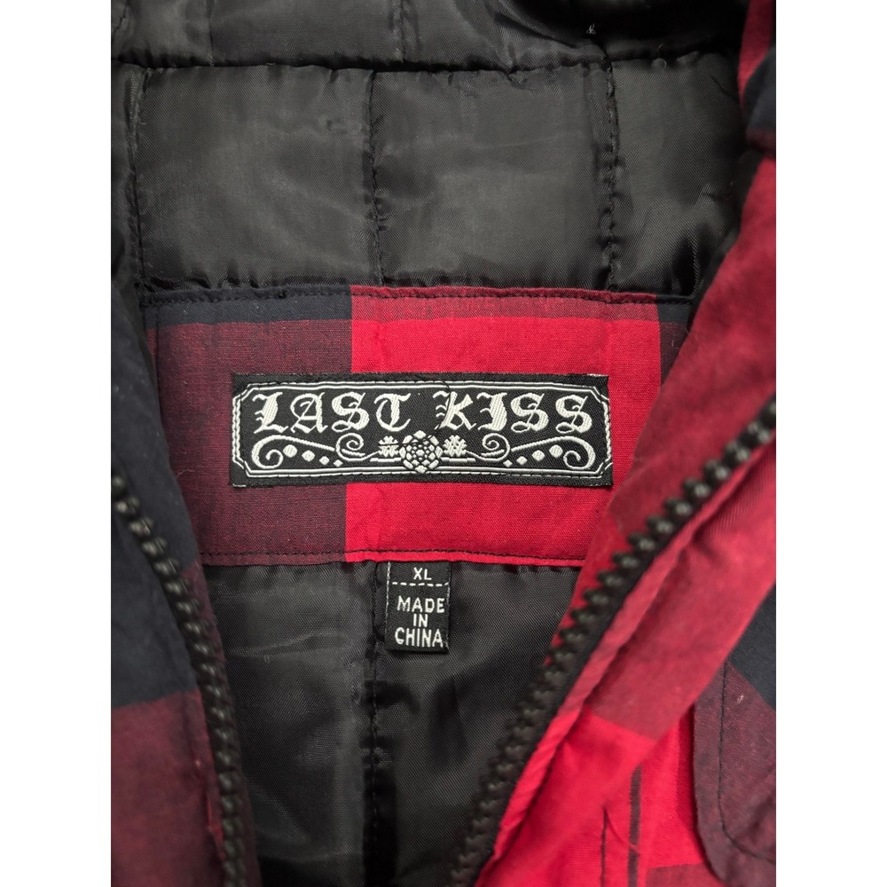 Last Kiss Red Black Buffalo Plaid Hooded Puffer Vest Faux Fur Trim XL 9774BC2 - Picture 2 of 6